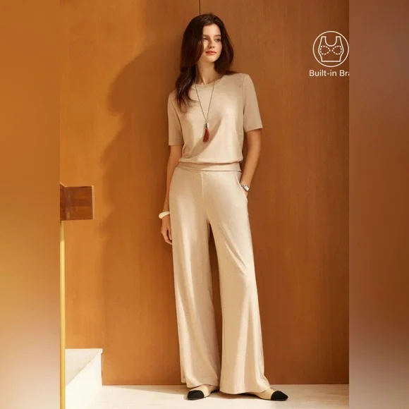 OGL Lyocell Wool Mid Rise Wide Leg Pull-on Pants Pockets SET With TOP Large New - Picture 1 of 11